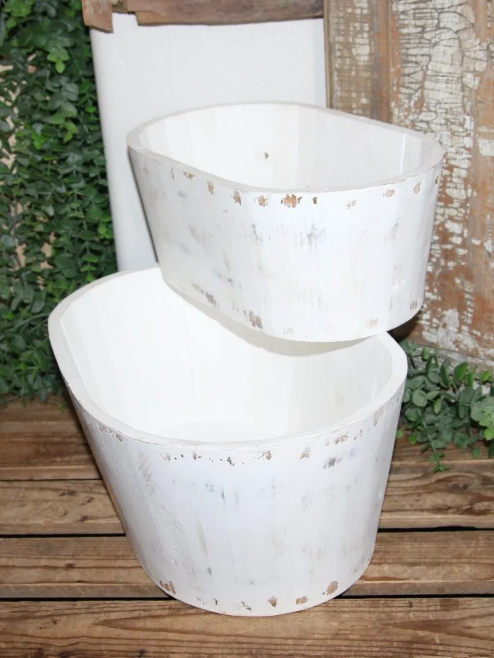 Pair of Large White Shabby Distressed Oval Wood Farmhouse Planter Buckets